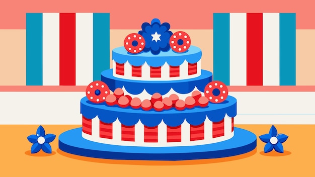 Vector a cake decorated with delicate red and blue flowers formed into the shape of the american flag sits