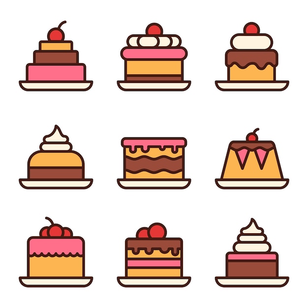 Вектор Набор икон для десертных линий для тортов набор знаков для сладкой еды простой вкусный плоский символ сладкие торты на день рождения
