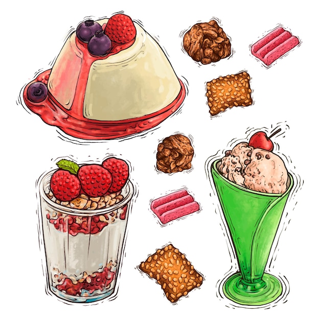 Cake dessert pudding and cream watercolor illustration