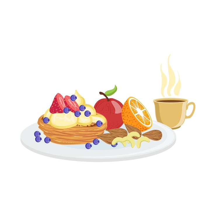 Vector cake fruit en koffie ontbijt eten drinken set