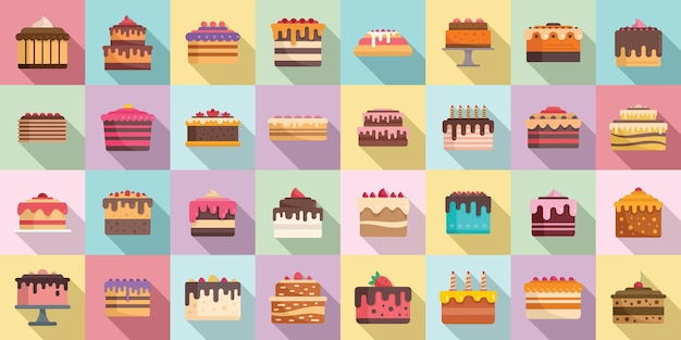 Cake icons set flat vector. Cream dessert