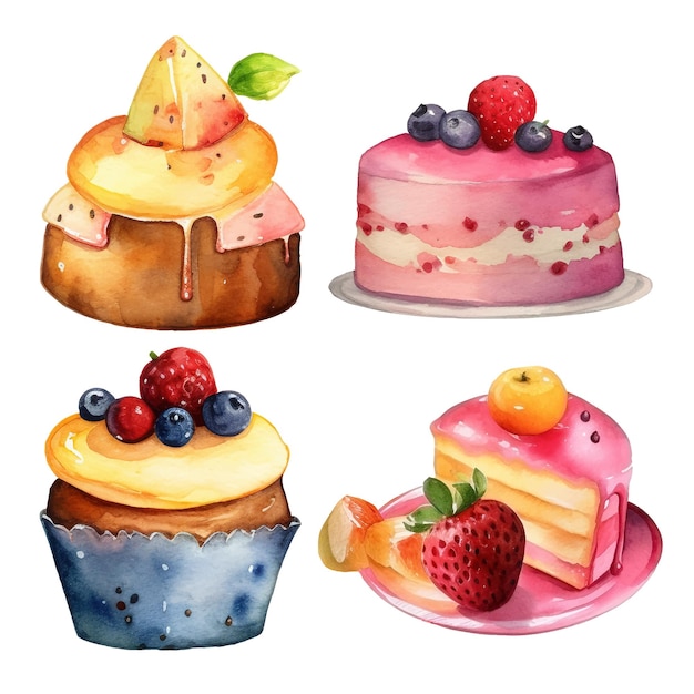 Vettore illustrazione della torta isolata raccolta dell'acquerello di dessert colorati e deliziosi