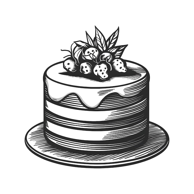 Cake ink sketch drawing black and white engraving style vector illustration