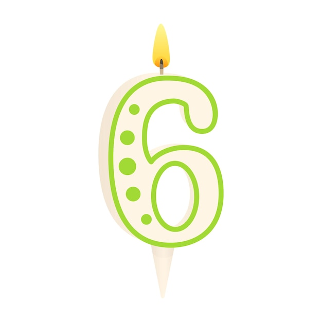 Cake kaars in de vorm van het getal 6 met een aangestoken fili verjaardagsviering verjaardagsfeest feestelijke decoraties vector illustratie geïsoleerd op witte achtergrond
