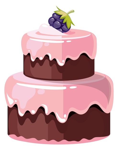 Vector cake met zoete bessen cartoon chocoladegebak met roze glazuur