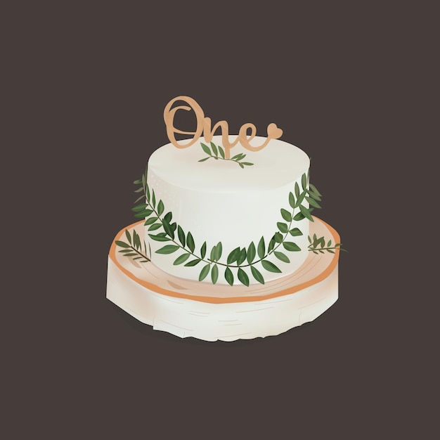 Vector cake for one year vector drawing beautiful cake in a minimalist style eucalyptus leaves