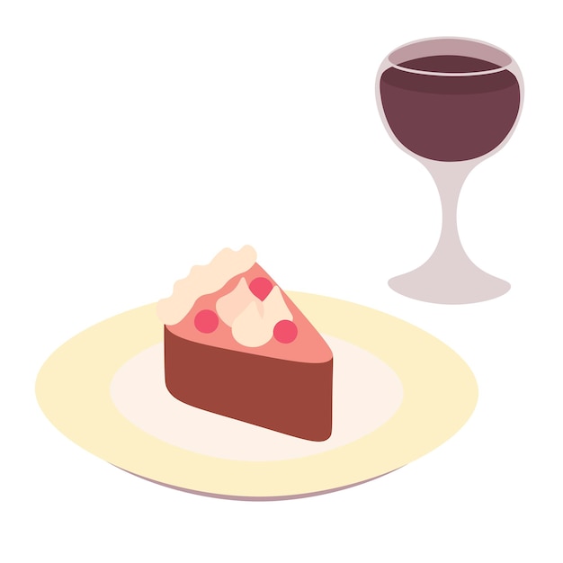 Cake on the plate with filling, cream and berries and a glass of red wine