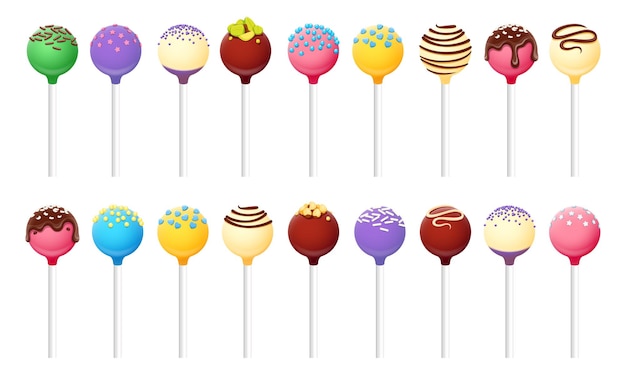 Vettore cake pop colorati biscotti dolci su bastoncini impostati