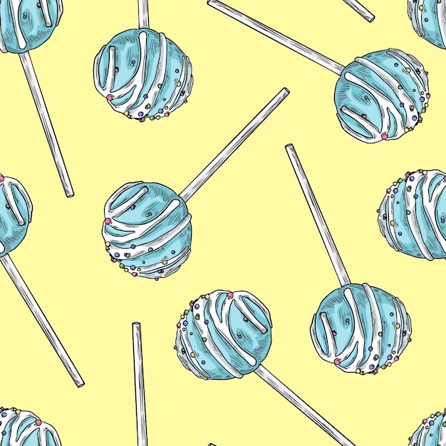 Vettore cake pops schizzo disegnato a mano modello senza cuciture colorato