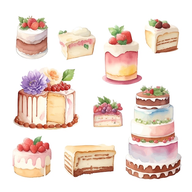 Set di torte illustrazione disegnata a mano ad acquerello isolata su sfondo bianco