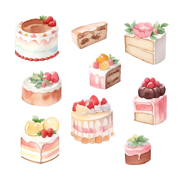 ケーキセット 白い背景に隔離された水彩の手描きイラスト