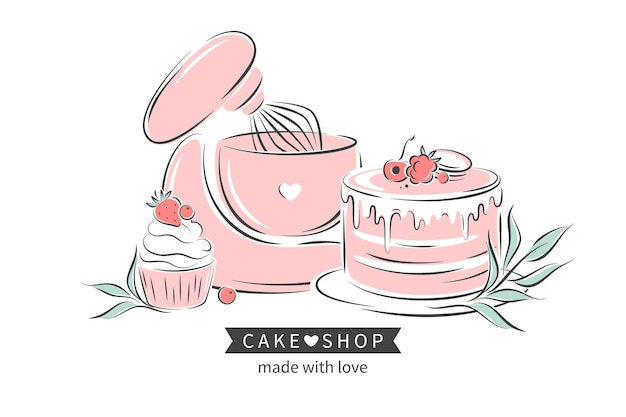 Cake shop logo planetary stationary dough mixer cake and berries