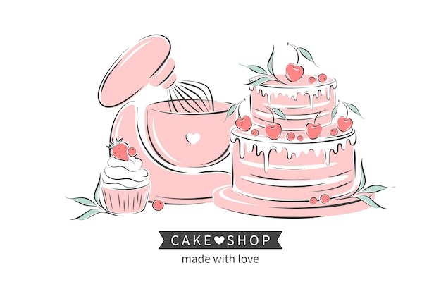 Cake shop logo planetary stationary dough mixer cake cupcake and berries