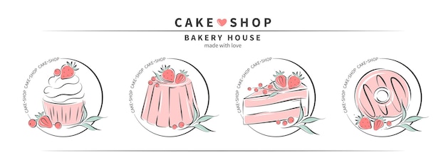 Cake shop logo Verzameling van verschillende desserts voor banketbakkerij en broodwinkel die zoete producten kookt