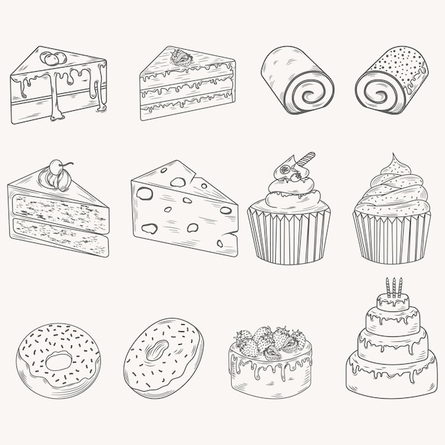 cake sketch set, celebration cake line art.