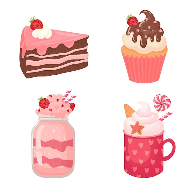 Cake sweet cartoon and milkshake with cream