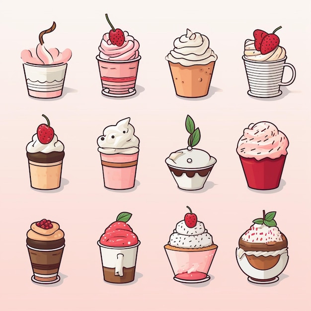 Vector cake sweet vector food pastry bakery dessert cream set chocolate cupcake illustration