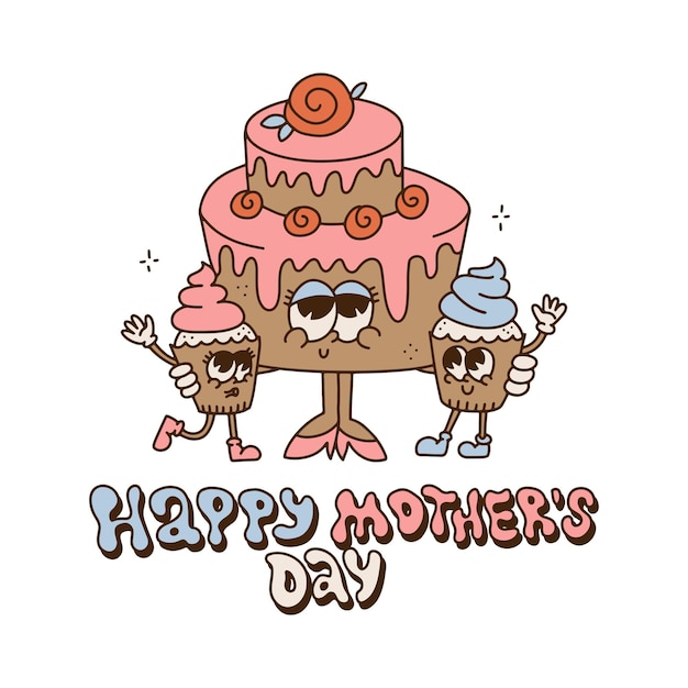 Cake and two little cupcakes family retro cartoon characters groovy mom with son amd daughter nostal