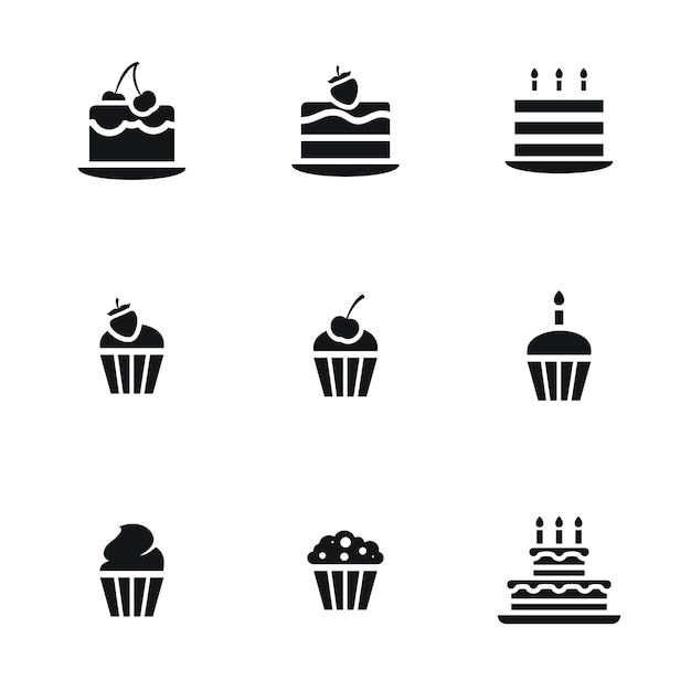 Le icone vettoriali della torta sono un semplice set di illustrazioni di 9 elementi della torta. le icone modificabili possono essere utilizzate nell'interfaccia utente del logo e nel web design.