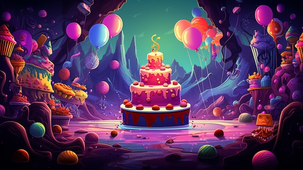 Una torta con dei palloncini e una torta per un compleanno