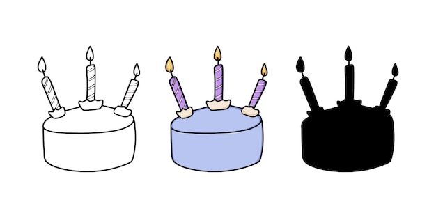 Cake with burning candles festive dessert food doodle linear cartoon coloring book