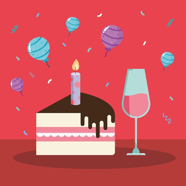 Vector cake with candle and wine