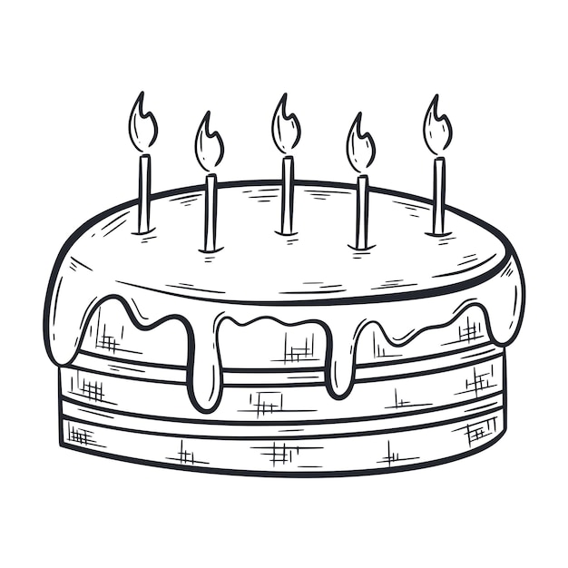 Cake with candles sketch sweet cream pie for birthday or holiday hand drawn engraving isolated