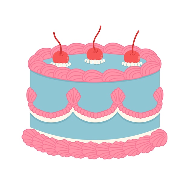 Cake with cream and cherries in retro style Hand drawn trendy vector illustration