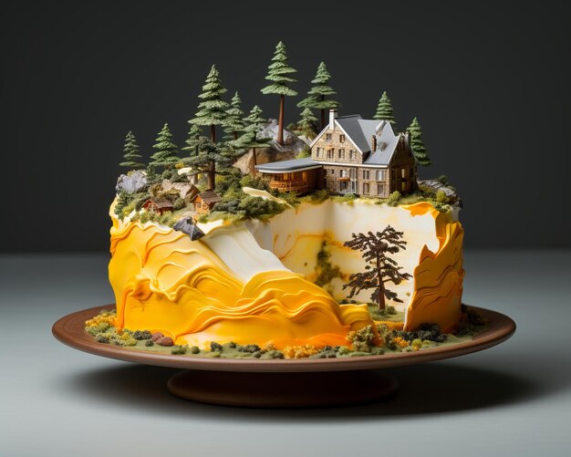 Vettore una torta con una casa in cima a una montagna