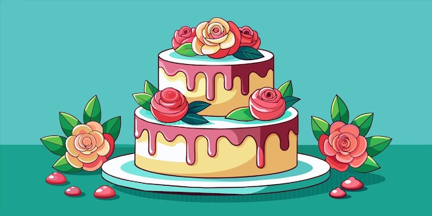 Vettore una torta con rose rosa su di essa e una foto di fiori su di essa