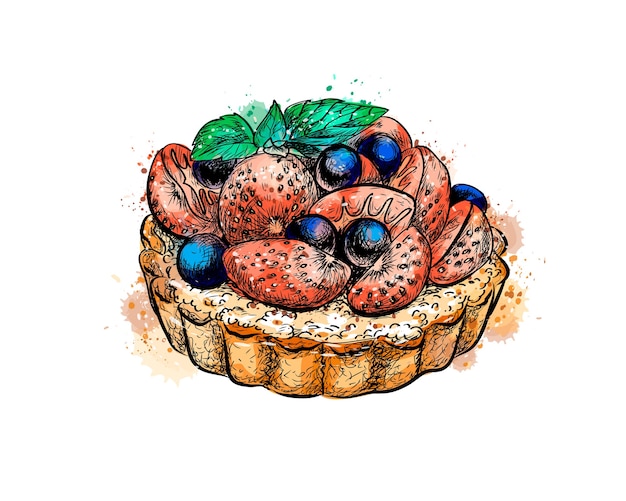 Cake with strawberries from a splash of watercolor, hand drawn sketch.  illustration of paints