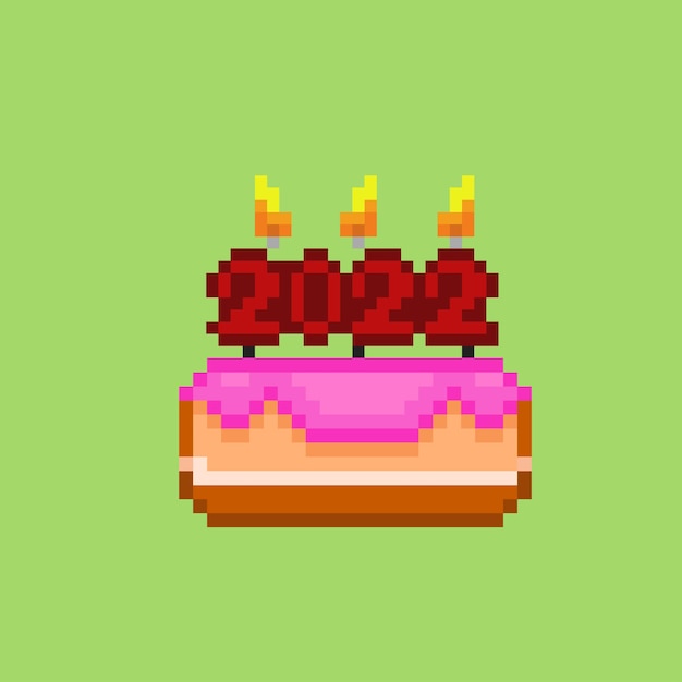 a cake with year candle in pixel art style