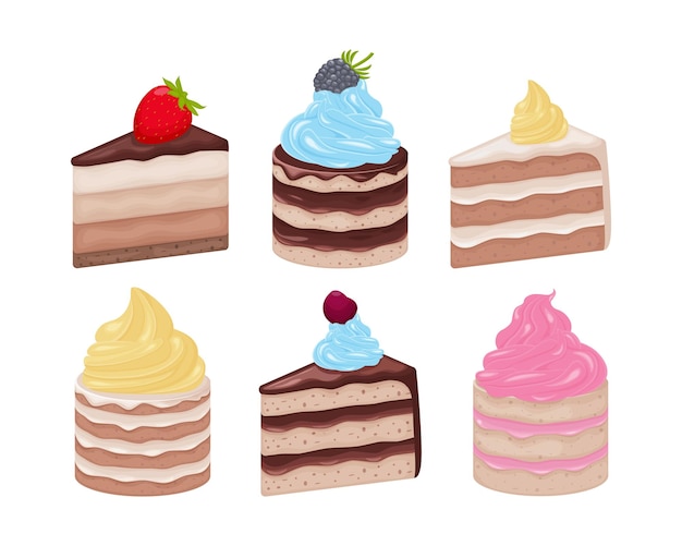 ケーキ三角形のさまざまなケーキのセットさまざまなクリームやベリーで飾られたケーキ甘いデザートのコレクションベクトルイラスト