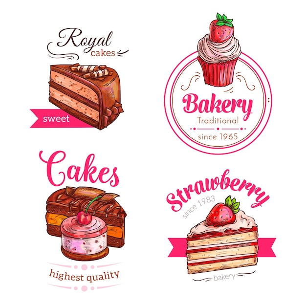 Torte e cupcakes emblemi di vettore di dessert