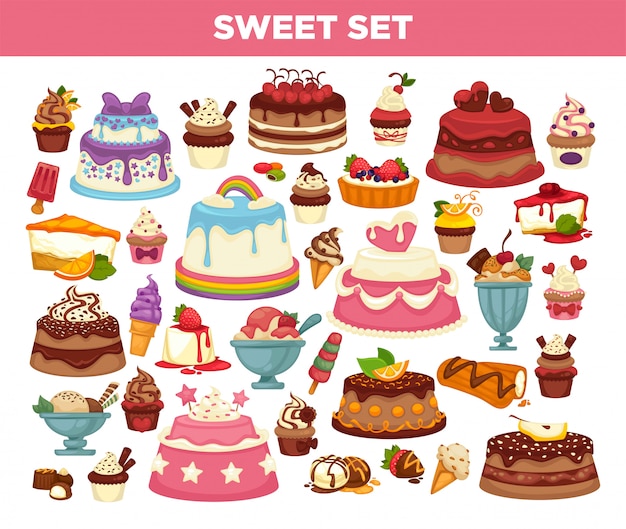 Vector cakes and cupcakes pastry desserts set