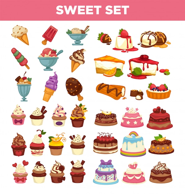 Vector cakes and cupcakes pastry sweet desserts vector icons set