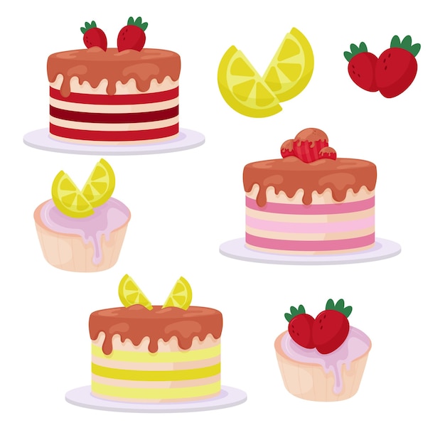 Cakes and cupcakes set with fruits, lemons and strawberries