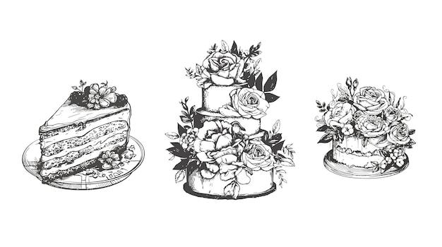 Vettore torte decorate rose e fiori in bianco e nero uno schizzo disegnato a mano evidenziato su uno sfondo bianco illustrazione vettoriale