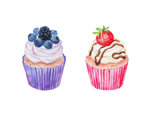 케이크, 디저트, 컵케이크, 머핀, 딸기가 있는 케이크, 음식 그림, 수채화
