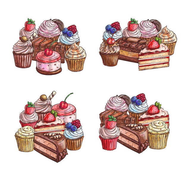 Vector cakes desserts sketch sweet chocolate cupcakes