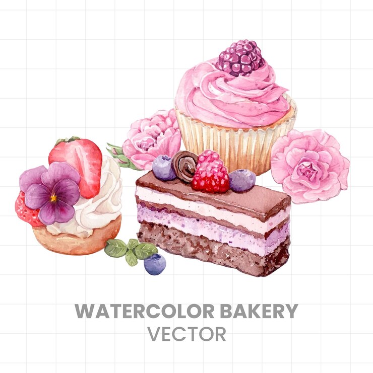 Vector cakes painted in watercolor on a white background