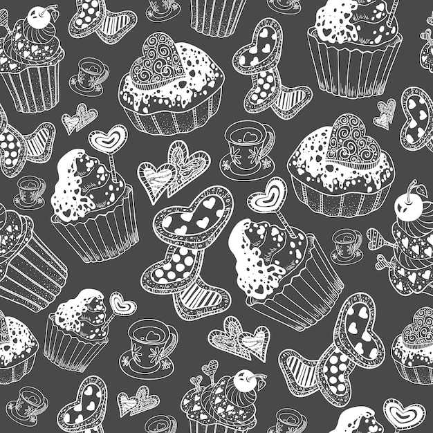 Cakes seamless pattern on black background