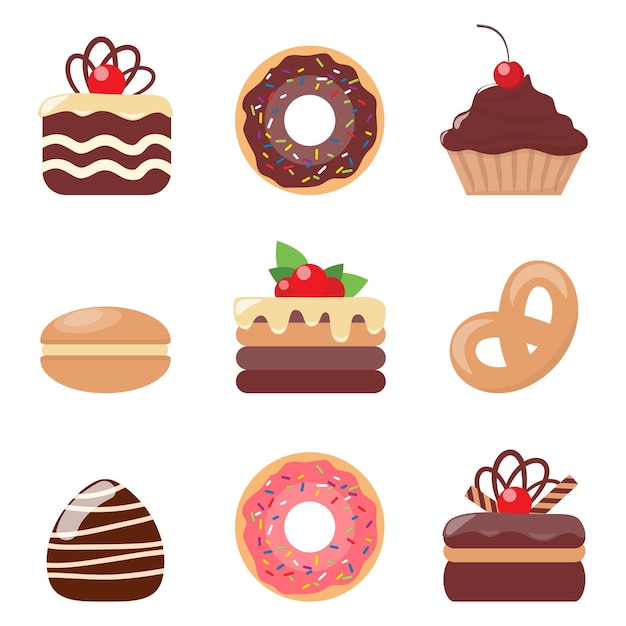 Cakes set Cookies and biscuits donut and macaroon icons Chocolate and vanilla cookies