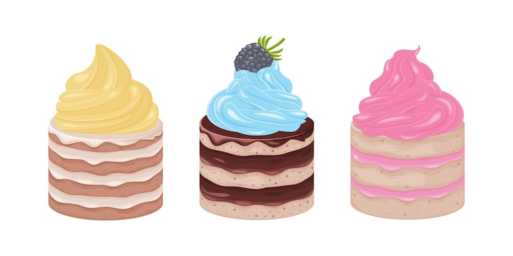 Vector cakes set of different cakes round shape cakes decorated with various creams a collection of sweet desserts vector illustration