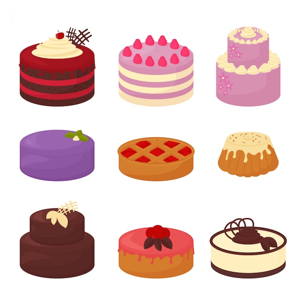 Cakes set icons in cartoon flat style. illustration collection of bright colorful cakes with chocolate and cream, pie and bun on white