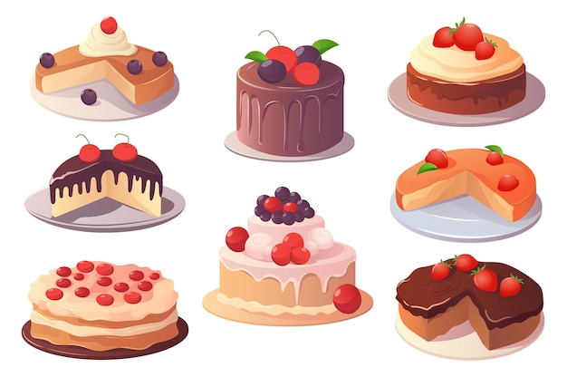 Set di torte questa è un'illustrazione di una serie di torte piatte dei cartoni animati