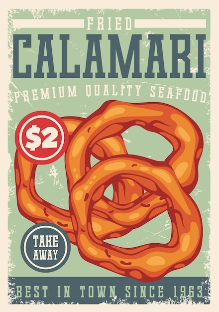 Calamari zeevruchten vintage teken retro promo poster vector sjabloon