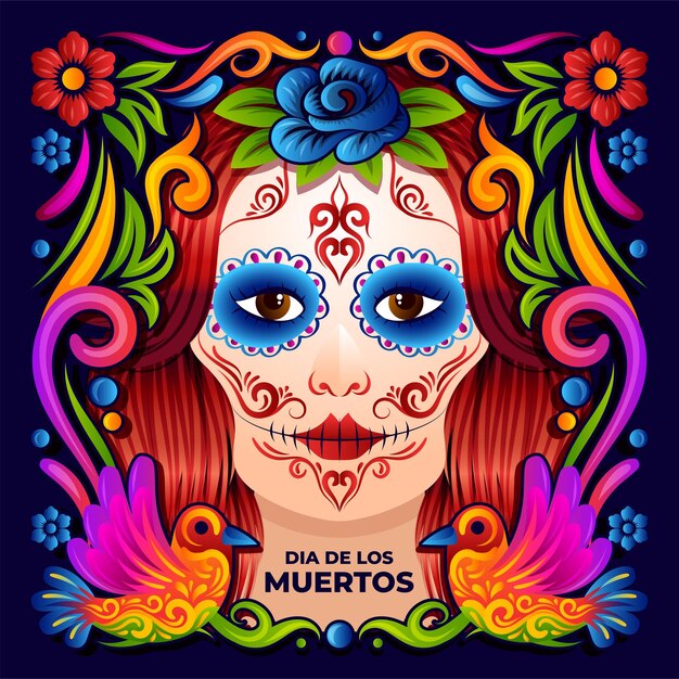 Макияж Calavera Catrina «День мертвых» или Девушка-череп Dia de Muertos с ярким цветовым дизайном