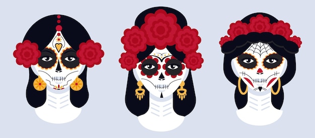 Vector calavera make-upset suikerschedelmeisje make-upstijl voor mexicaanse day of dead dia de los muertos