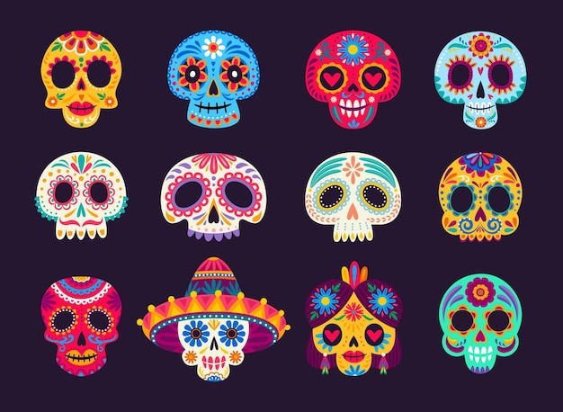 カラベラ・シュガー・スカール (Calavera Sugar Skulls) はメキシコのデー・オブ・ザ・デッド (Dia de los Muertos) 祭りのスカールで男性と女性の頭蓋骨を花のパターンで描いたカートゥーン・ベクトルセットです